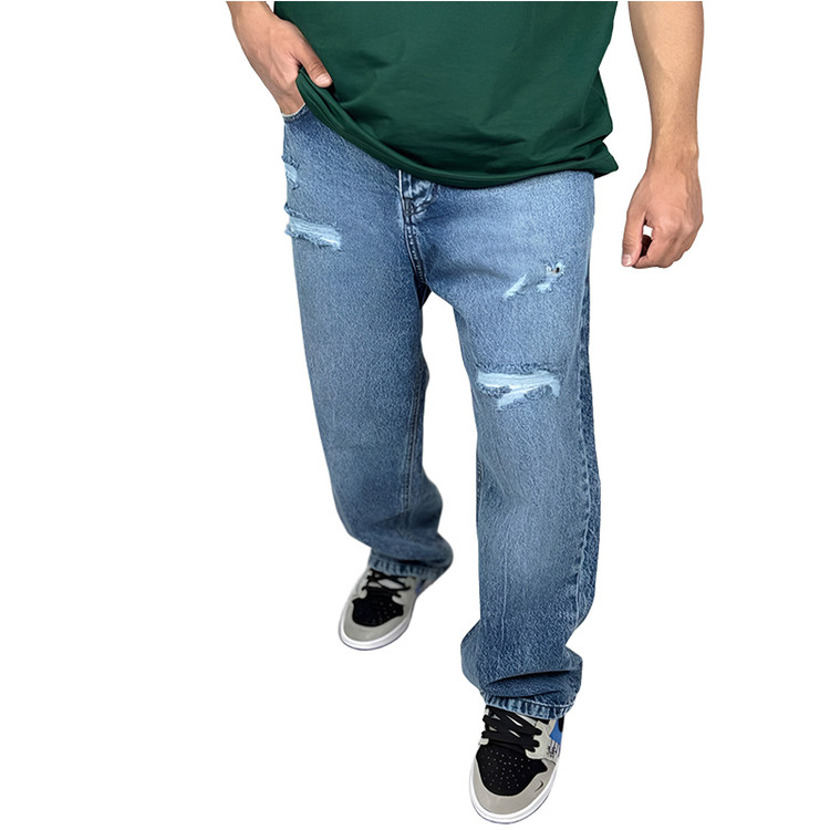 خرید شلوار جین زاپ دار مردانه مدل بگ استایل رنگ آبی سنگ شور