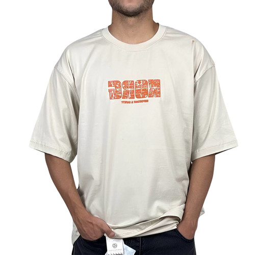 خرید تیشرت آستین کوتاه مردانه کرمی طرح چاپ دار