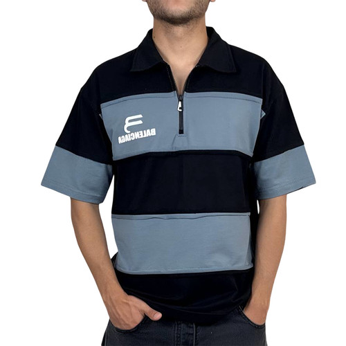 خرید تیشرت آستین کوتاه مردانه راه راه مشکی و طوسی با زیپ یقه