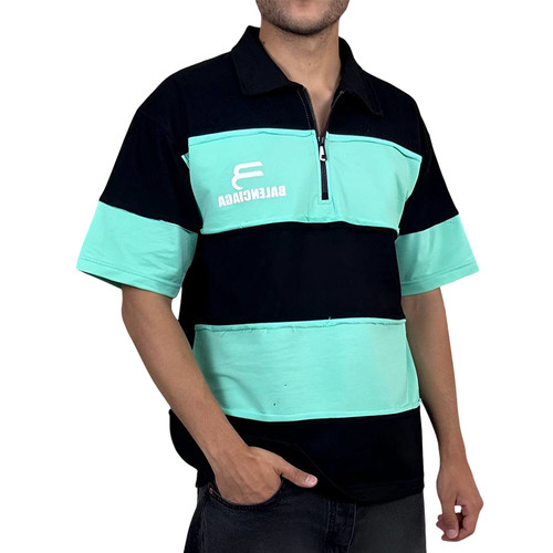 خرید تیشرت آستین کوتاه مردانه راه راه مشکی و سبز با زیپ یقه