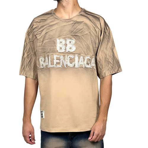 تیشرت آستین کوتاه مردانه کرمی چاپدار بالنسیاگا