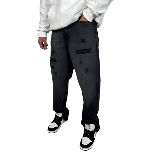 خرید شلوار جین مردانه نیم بگ - رنگ خاکستری اُمبره زاپدار - با وصله تیره