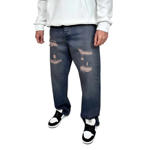 خرید شلوار جین مردانه بگ (Baggy Fit) - آبی تیره زاپدار - فیت آزاد و لش