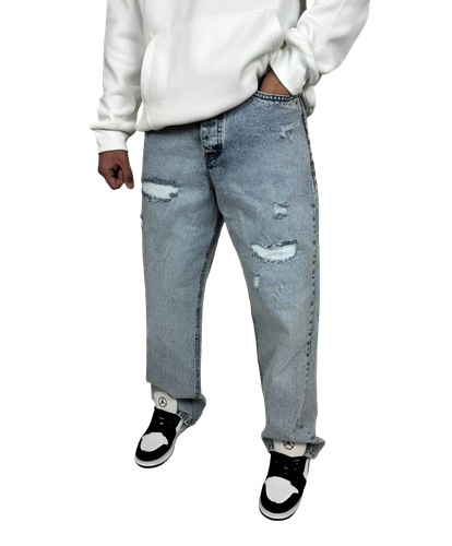 خرید شلوار جین مردانه بگ فیت (Baggy Fit) - رنگ آبی یخی زاپدار - فیت لش