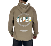 خرید هودی خاکی اورسایز گرافیکی SCKER - طرح چاپ پُشت - مناسب استایل یونیسکس