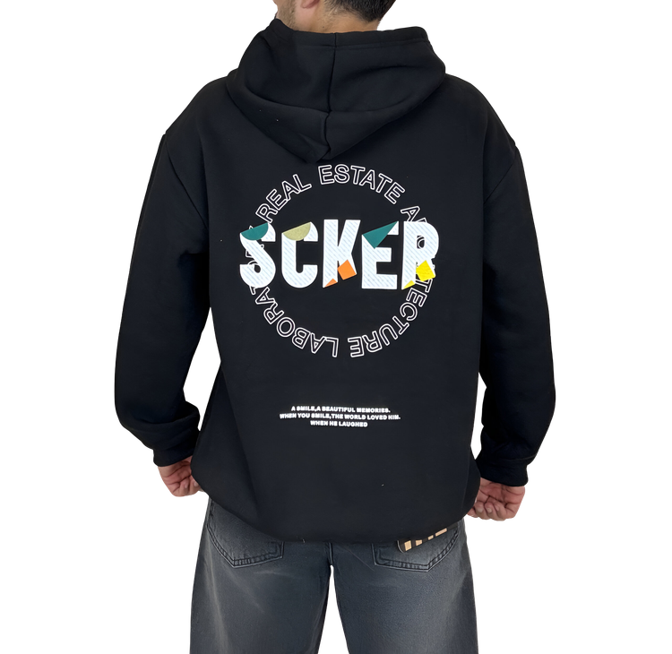 خرید هودی مشکی اورسایز گرافیکی SCKER - طرح چاپ پُشت - مناسب استایل یونیسکس