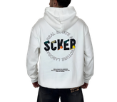 خرید هودی سفید اورسایز گرافیکی SCKER - طرح چاپ پُشت - مناسب استایل یونیسکس