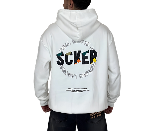 خرید هودی سفید اورسایز گرافیکی SCKER - طرح چاپ پُشت - مناسب استایل یونیسکس