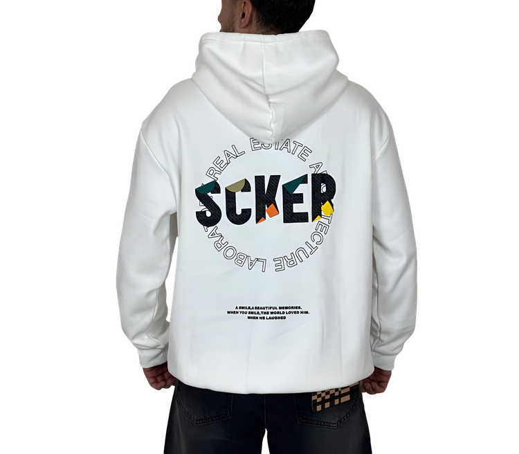 خرید هودی سفید اورسایز گرافیکی SCKER - طرح چاپ پُشت - مناسب استایل یونیسکس