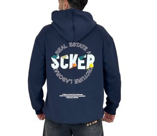 خرید هودی سرمه ای اورسایز گرافیکی SCKER - طرح چاپ پُشت - مناسب استایل یونیسکس