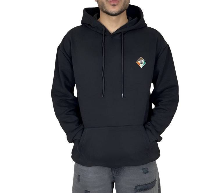 خرید هودی مشکی کلاهدار اورسایز مردانه مشکی MONO با لوگوی لوزی و چاپ پشت