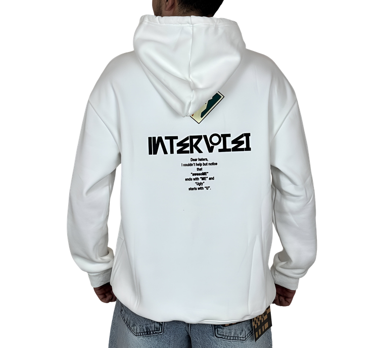 خرید هودی سفید کلاهدار اورسایز مردانه مشکی MONO با لوگوی لوزی و چاپ پشت