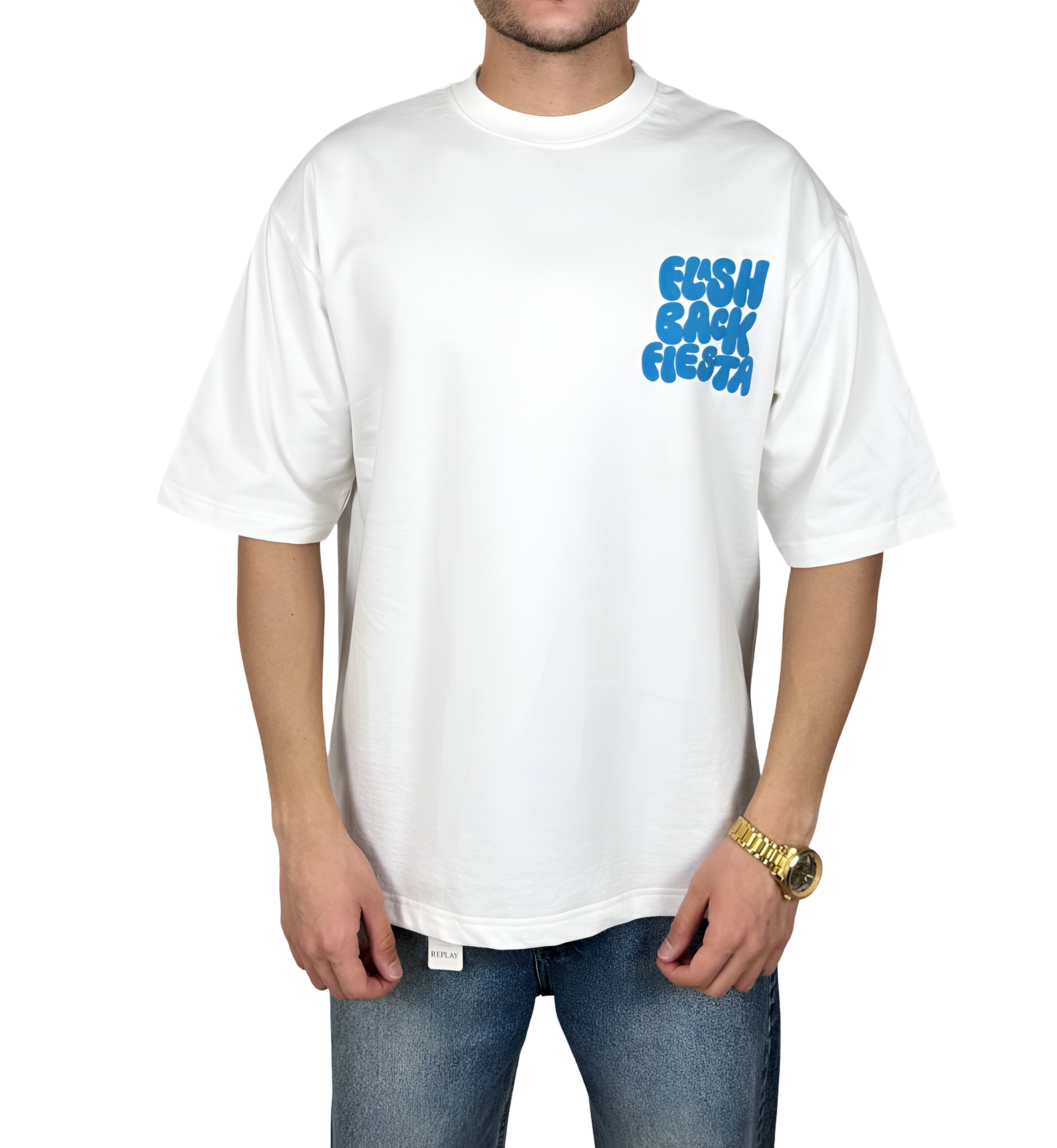 خرید تیشرت آستین کوتاه مردانه سفید با چاپ آبی