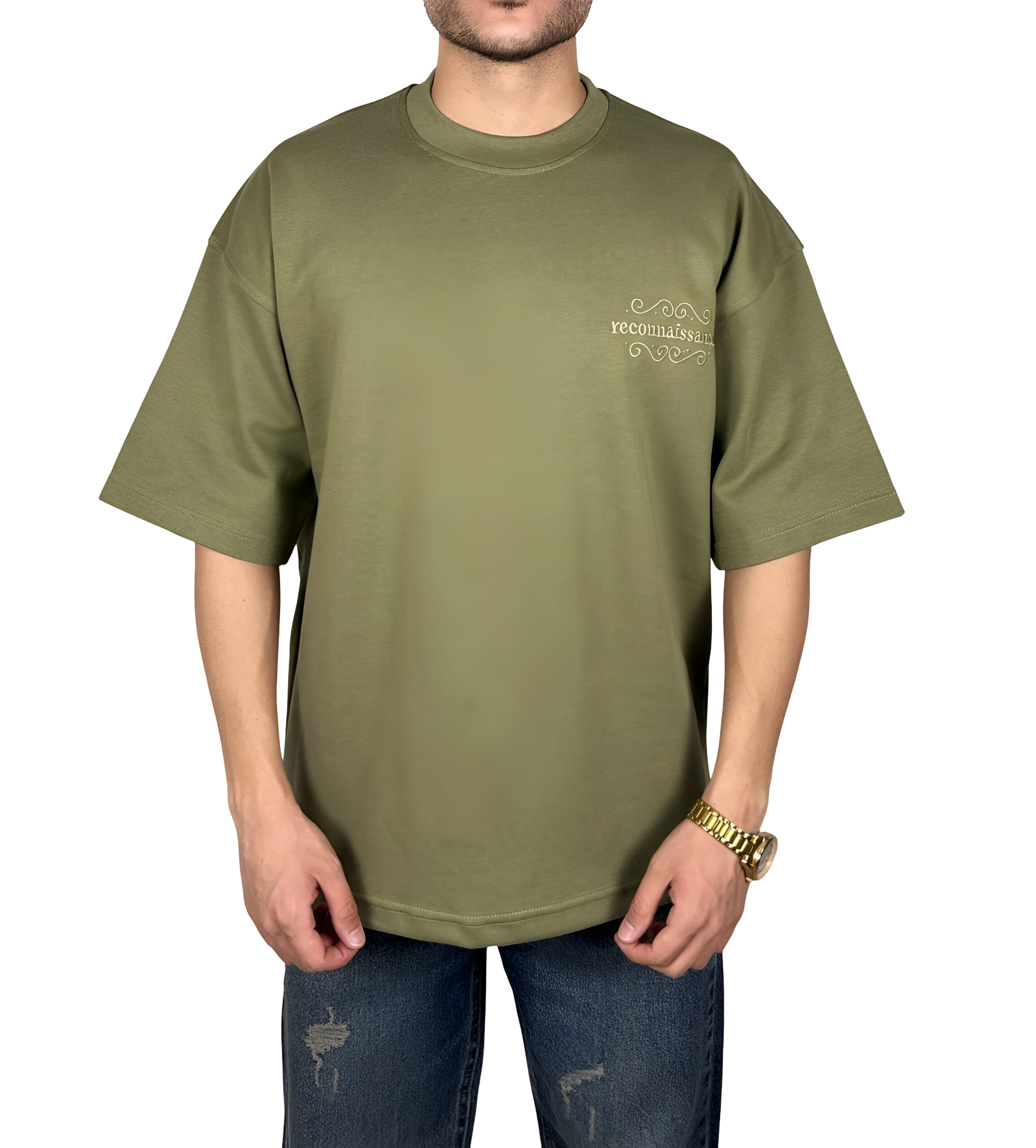 خرید تیشرت آستین کوتاه سبز زیتونی با گلدوزی خفن