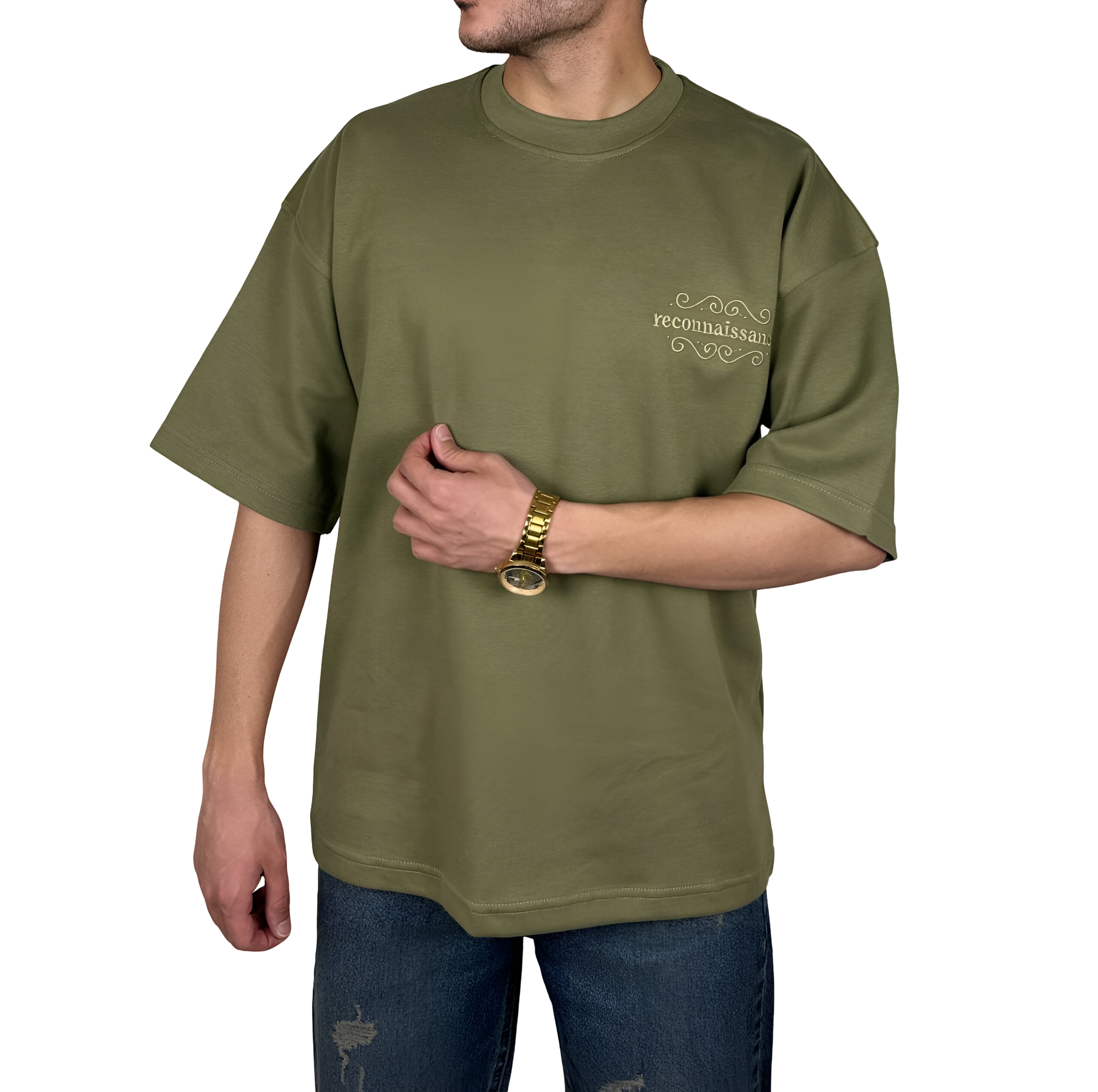 خرید تیشرت آستین کوتاه سبز زیتونی با گلدوزی زیبا