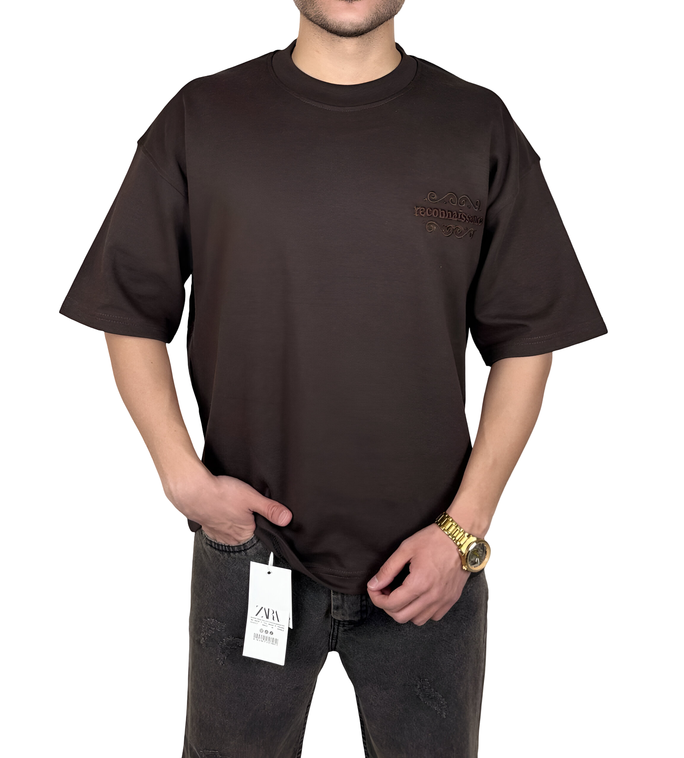 خرید تیشرت آستین کوتاه شکلاتی تیره با گلدوزی زیبا