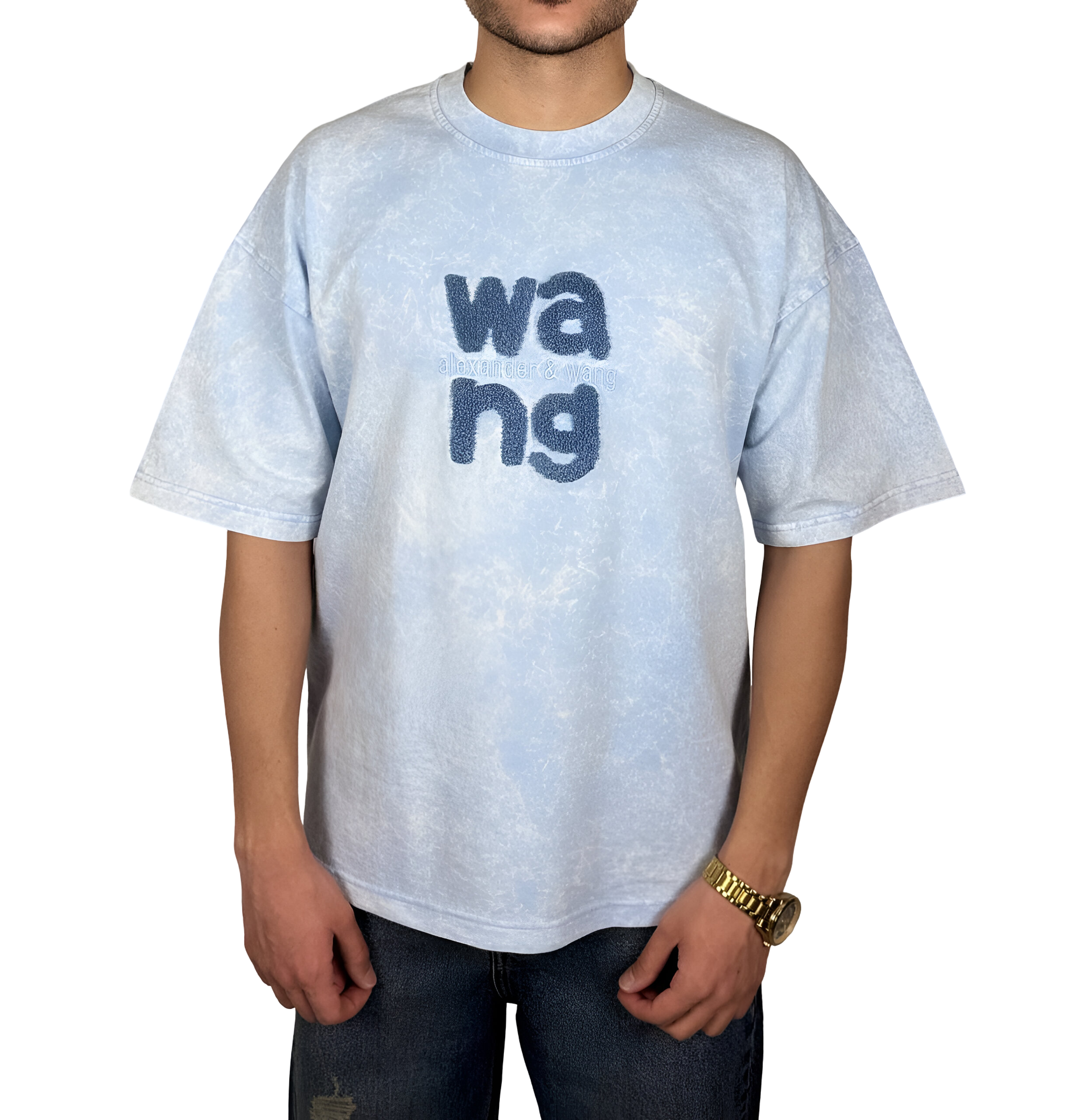 خریدتیشرت آبی آسمانی سنگشور با گلدوزی برجسته Wang